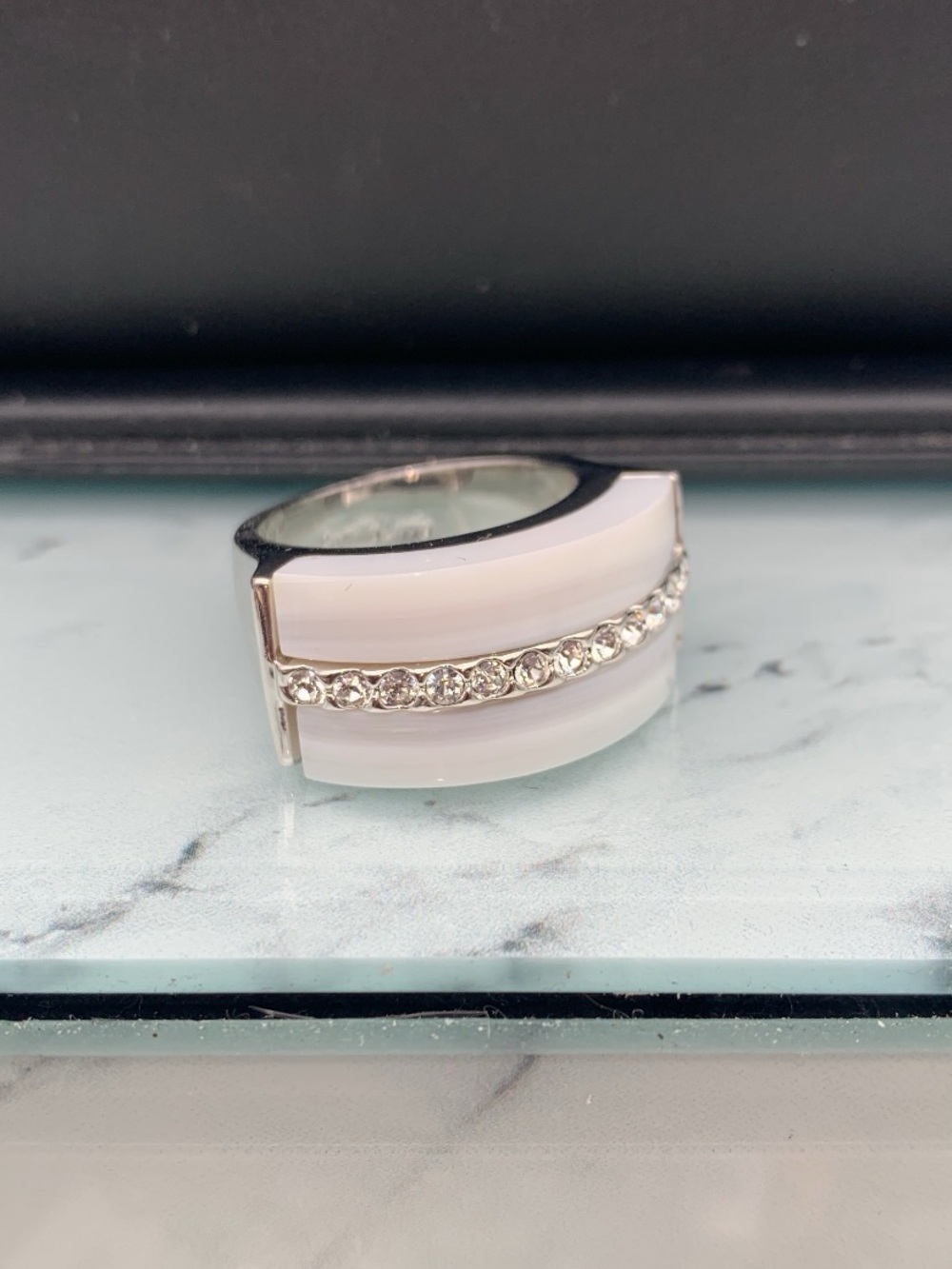 Vintage Camille Lucie White mother of Pearl and Crystal Accent Ring size 7.75